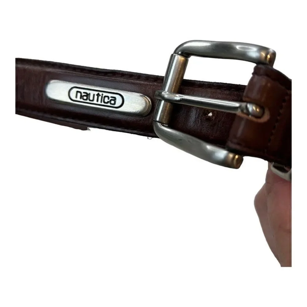 Nautica Men's Full Grain Italian Leather Silver Metal Buckle Belt Brown Size 42
